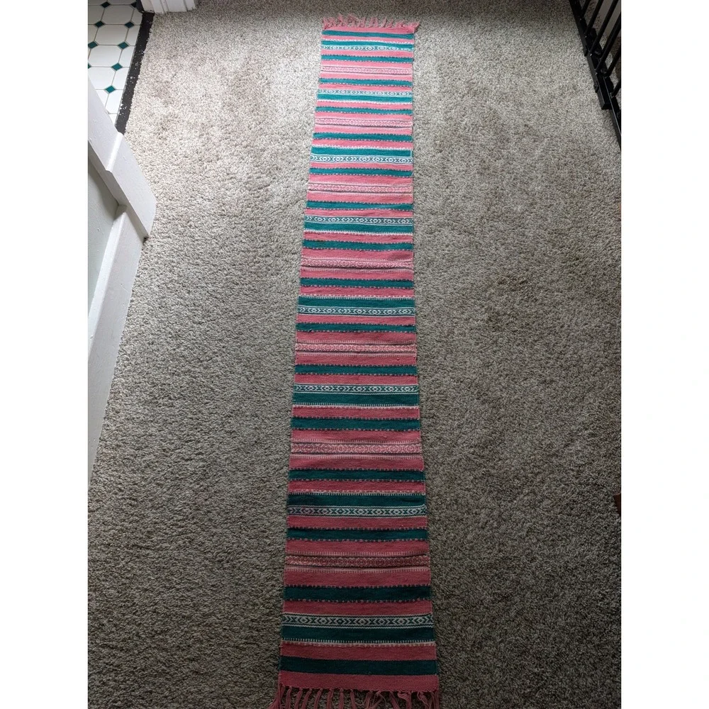 Vintage Woven Wool Table Runner Pink Teal Geometric Southwestern Fringe 70x10.5